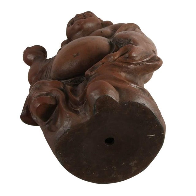 Signed Concrete Laughing Buddha Statue With Reddish Brown Finish Asian Garden Sculpture For Sale - Image 9 of 9
