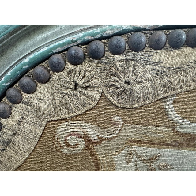 Antique French Louis XV Style Painted Firescreen | Aubusson-Style Tapestry Panel | Sage Green Cabriole Legs | 37in For Sale - Image 14 of 18