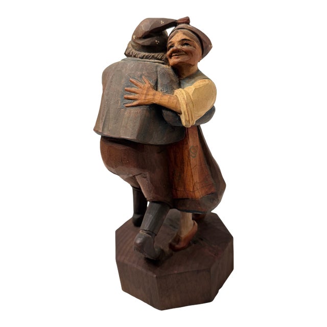Vintage Hand-Carved Wood Alpine "Peasant Couple Dancing" Figurine - Folk Art Sculpture For Sale