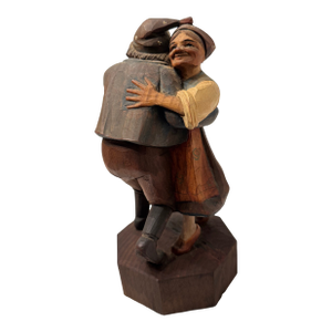 Vintage Hand-Carved Wood Alpine "Peasant Couple Dancing" Figurine - Folk Art Sculpture