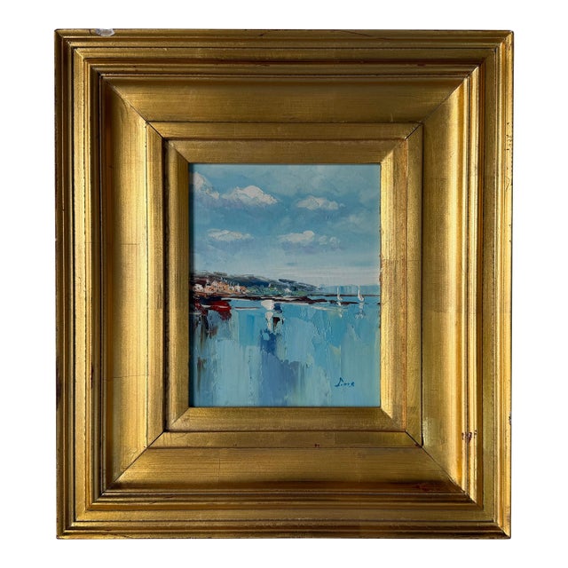 Vintage Impressionist Abstract Coastal Harbor Oil on Canvas Painting, Gold Wood Framed For Sale