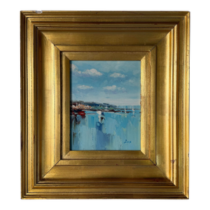 Vintage Impressionist Abstract Coastal Harbor Oil on Canvas Painting, Gold Wood Framed