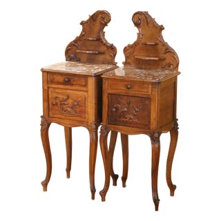 Pair of Early 20th Century French Louis XV Walnut Marble-Top Bedside Tables For Sale