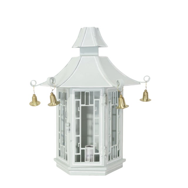 Vintage Chinoiserie Green Pagoda Wall Sconces With Hanging Brass Bells - a Pair For Sale - Image 10 of 11