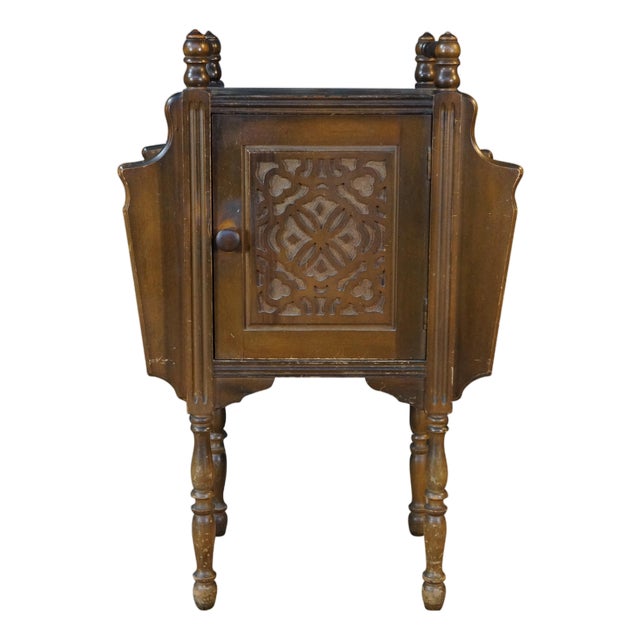 Antique Art Deco Walnut Carved Smoking Stand Tin Lined Humidor Magazine Rack For Sale
