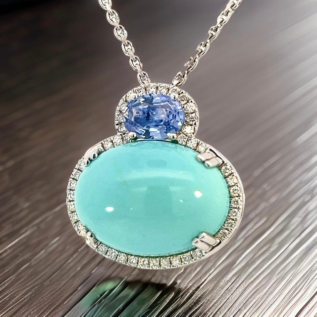Persian Turquoise Sapphire Diamond Necklace 17" 14k WG 19.03 TCW Certified For Sale In New York - Image 6 of 15