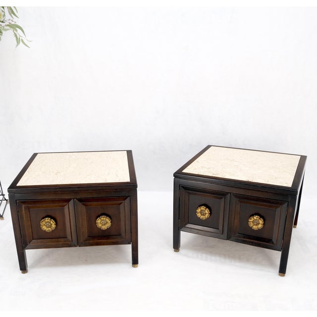 Pair Square Marble Top 2 Door Nightstands End Tables Large Decorative Pulls Mint For Sale - Image 11 of 16