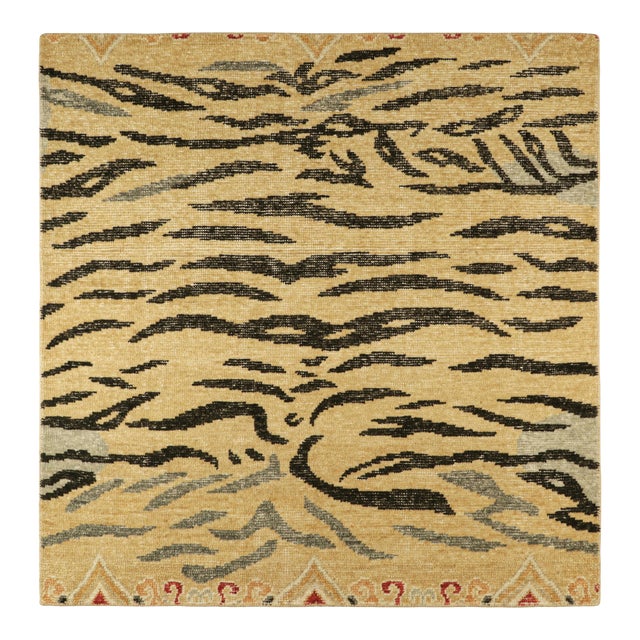 Rug & Kilim’s Distressed Square Tiger Skin Rug in Gold, Black and Gray Tones For Sale