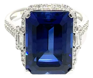 14k White Gold Emerald-Cut Blue Sapphire & Diamond Ring, Size 6