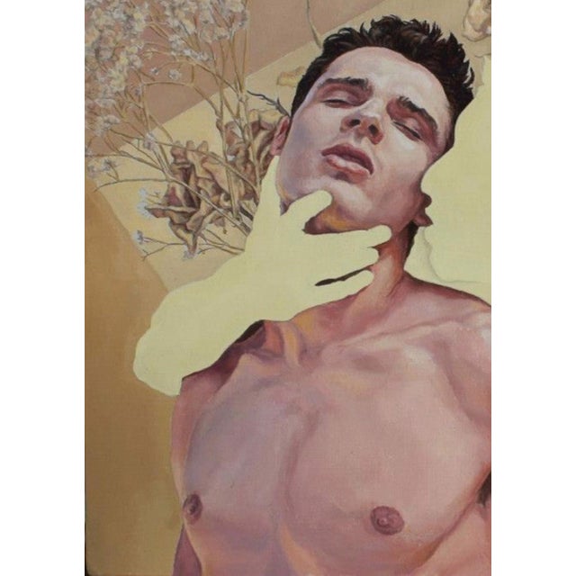 Baby's Breath and Roses by John Tarantola | Oil on Panel Portrait of a man with flowers For Sale - Image 4 of 4