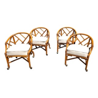 1970s Chinese Chippendale Bamboo and Rattan Rolling Accent Chairs in the Style of Henry Link- Set of 4 For Sale