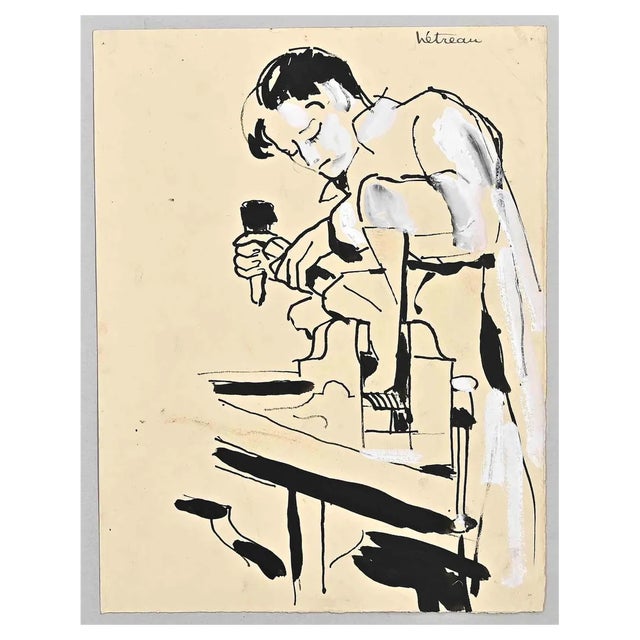 Rémy Hetreau, The Artisan, Original Drawing, Mid 20th-Century For Sale