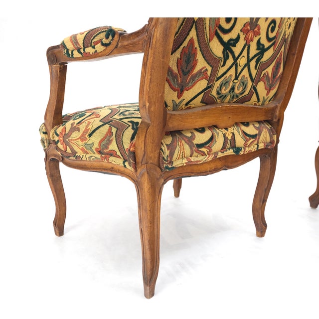 Pair of His & Hers Finely Carved Walnut Country French Lounge Armchairs Tapestry For Sale - Image 13 of 16