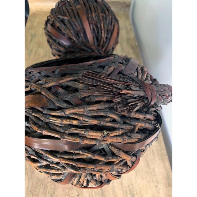 Wood Antique Japanese Gourd Shape Bamboo Ikebana Basket For Sale - Image 7 of 11