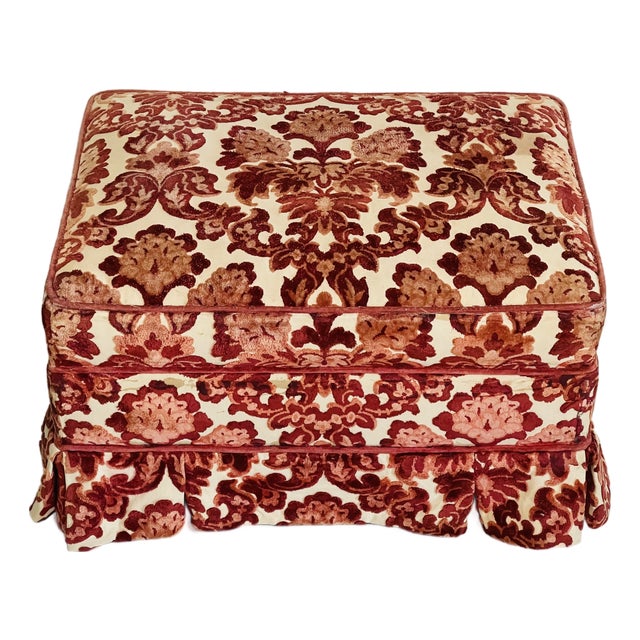 Vintage Burgundy Red Cut Velvet Ottoman Pouff on Coasters For Sale