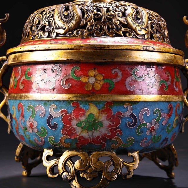 Mid 20th Century Vintage Cloisonne Enamel Incense Burner – 8.7" Gilt Tripod Censer With Dragon Lid For Sale - Image 5 of 10