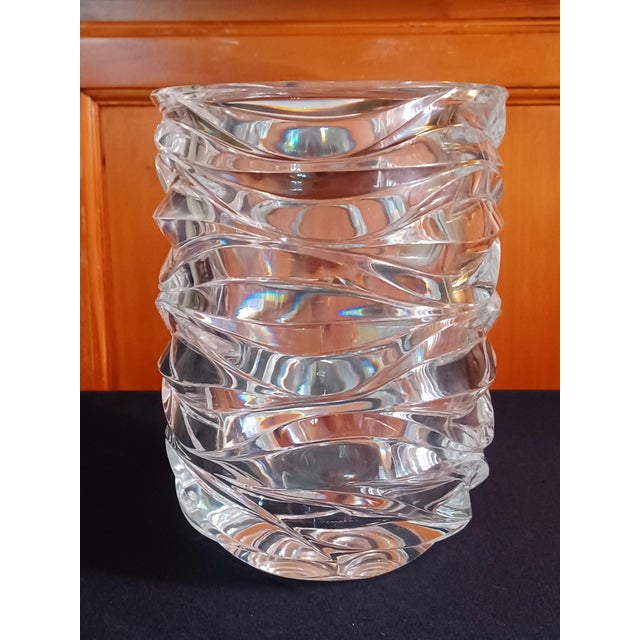 Tiffany and Co. Vintage 1996 Tiffany & Co Emil Brost Mouthblown Hand Cut Waves Crystal Vase 8" For Sale - Image 4 of 13