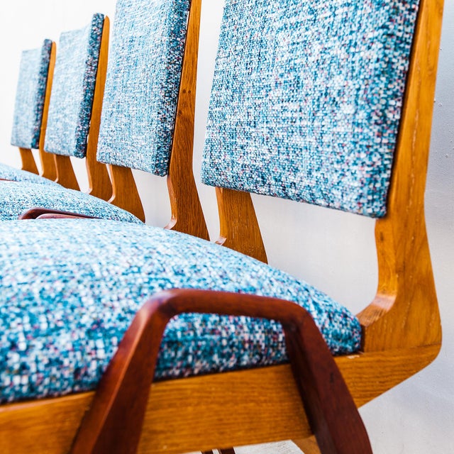 Carlo de Carli Maurice Pré Attributed Mid Century Modern Oak & Mahogany Dining Chairs, France 1950s For Sale - Image 4 of 14