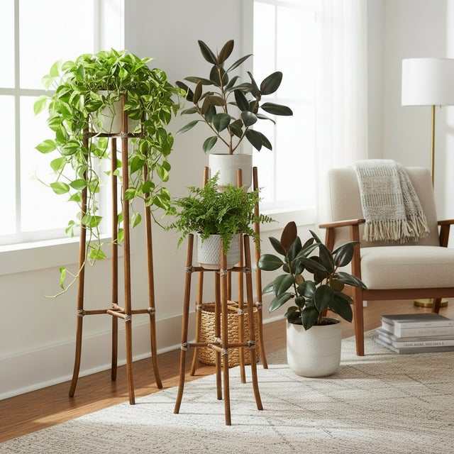 1970s 1970's McGuire Bamboo and Rawhide Leather-Wrapped Planter Stands - Set of 3 For Sale - Image 5 of 6