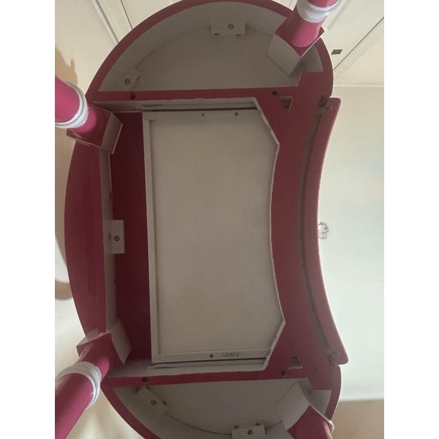 Fully Refurbished & Hand-Painted Whimsical Regency Pink Vanity Set With Swivel Mirror & Custom Leopard Stool – 3 Pieces For Sale - Image 9 of 10