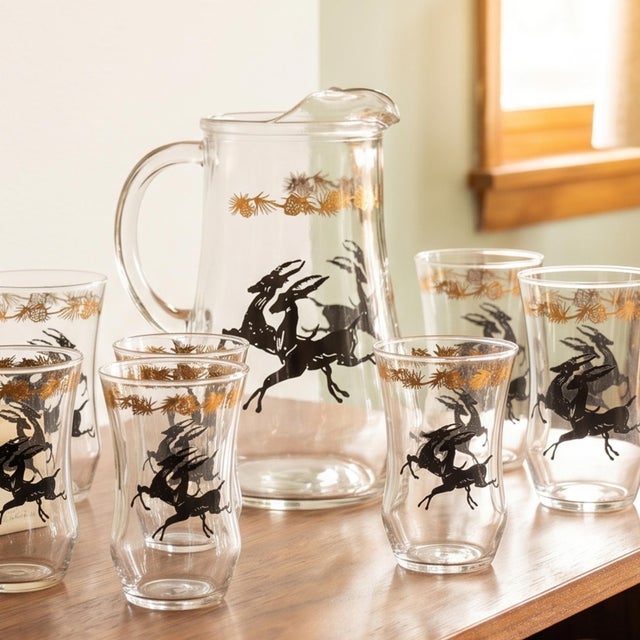 Neo Deco Barware 8 Glasses Pitcher Set Gazelle Supper Club Bar Cart Drinkware For Sale - Image 13 of 15