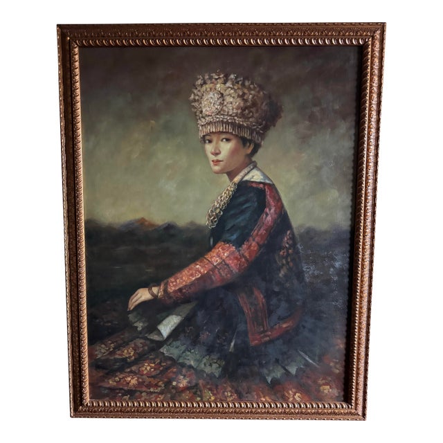 Large Original Chinese Portrait Oil Painting Woman in Traditional Headdress Framed For Sale