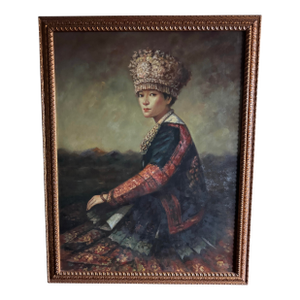 Large Original Oil Painting Chinese Portrait Woman in Traditional Headdress Framed