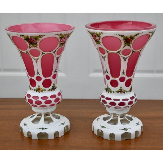 Vintage (1950's) Pair of Vases. Heavy. Bohemian Cased Glass in a Cranberry & White Color. Hand Painted. Possibly MOSER??....