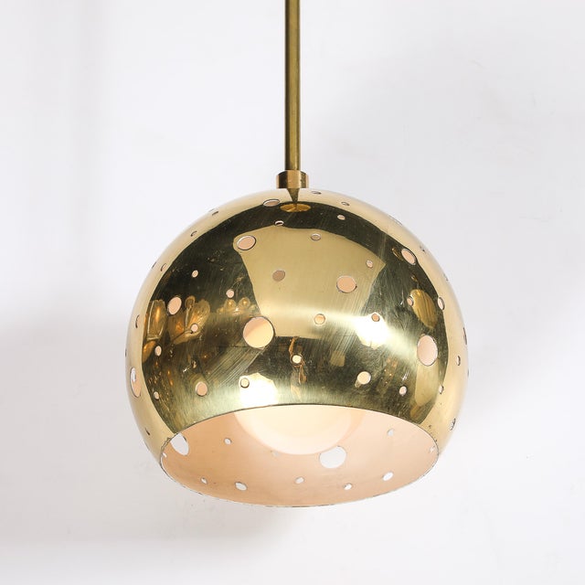 Mid-Century Rounded Brass Pendant Chandelier With Circular Cutout Detailing For Sale In New York - Image 6 of 14