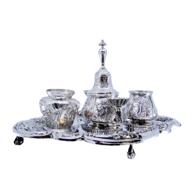 Inkwell in Relief Silver with Two Tanks and Bell, Set of 6 For Sale - Image 10 of 10