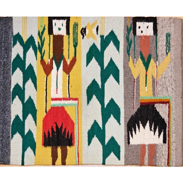 Mid 20th Century Vintage Native American Yei Rug, Handwoven Wool, Navajo Deity Pictorial Pattern, 20” X 26” For Sale - Image 5 of 12