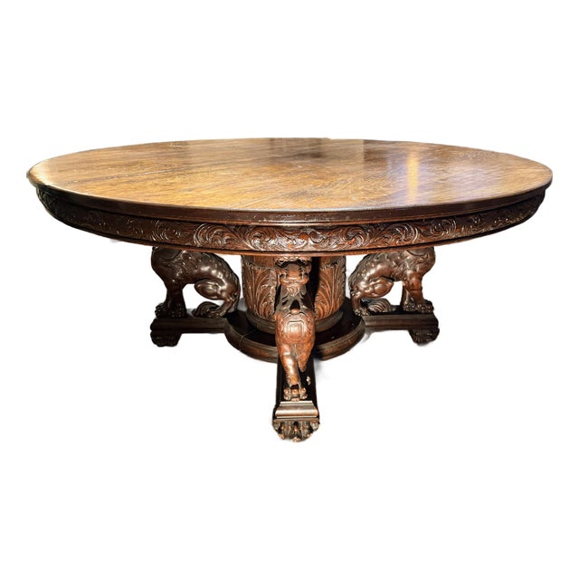 Late 19th Century Oak Pedestal Extension Dining Table With Carved Skirt and Sculpted Griffin Legs Attributed to R. J. Horner & Co. For Sale