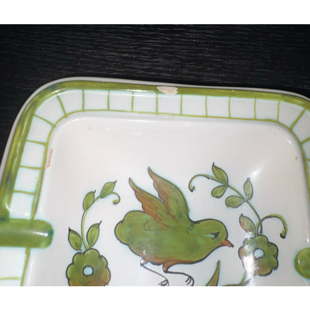 Pair of Vintage Hand Painted Square Pottery Ashtrays With Bird Motif 5.75” Sq. For Sale - Image 4 of 7