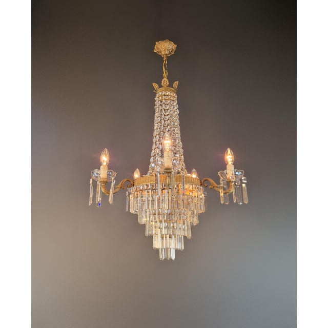 1920s Antique Italian Neoclassical Crystal Chandelier Brass Original Wooden Sockets For Sale - Image 5 of 11