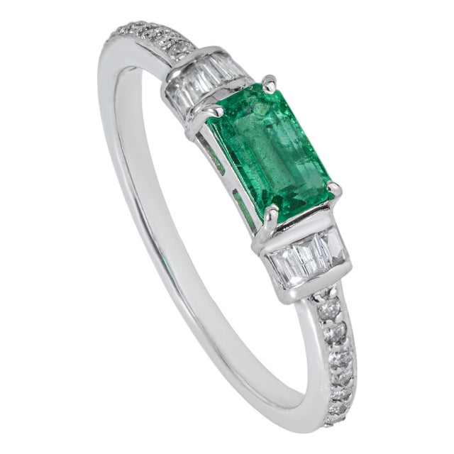 14k Gold East-West Zambian Octagon Emerald & Baguette Diamond Ring Size 4 For Sale