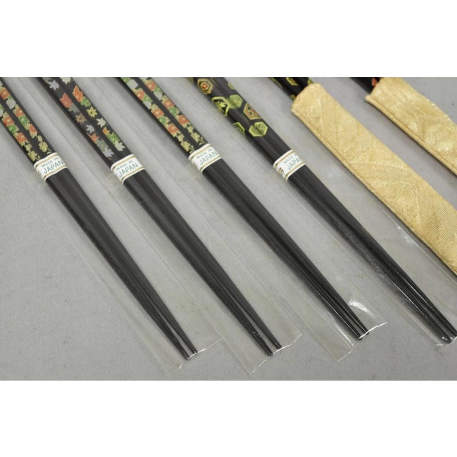 Wood Vintage Japanese Oriental Chopsticks W/ 2 Custom Silk Gold Sleeves - 6 Pc Set For Sale - Image 7 of 10