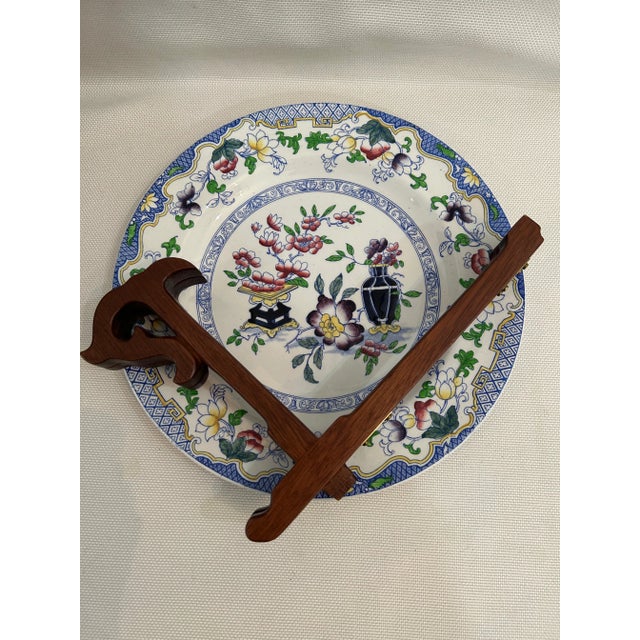 Early 20th Century Early 20th Century Minton “Poonah” Dinner Plate With Chinoiserie Mahogany Stand For Sale - Image 5 of 8