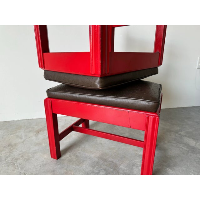 1970's Mid-Century Red Lacquered Mahogany Wood With Brown Leather Seats Ottomans - a Pair For Sale - Image 9 of 12