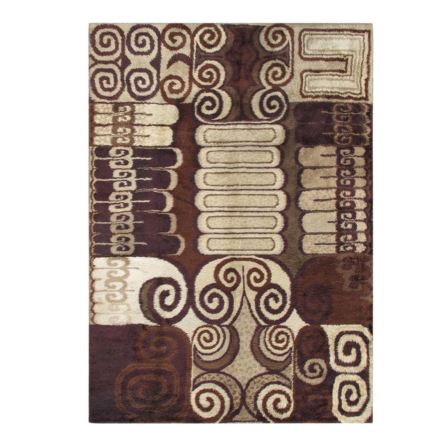 Mid Century Modern European Rug in Brown, Beige, Black, Taupe and Tan For Sale