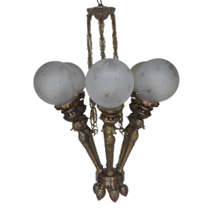 Vintage Art Deco Nouveau Mashaal 6 Light Old Lamp Ceiling Hanging Chandelier Fixture Heavy Brass & Glass Light