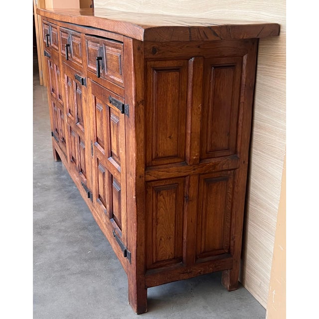 Brown 19th Century Large Catalan Spanish Baroque Carved Oak Tuscan Credenza or Buffet For Sale - Image 8 of 18