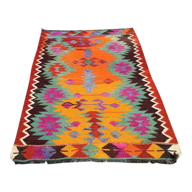 Small Colorful Handmade Turkish Kilim Rug - 35" X 48.5" For Sale