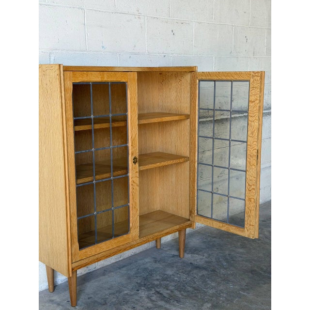 Wood Oak Leaded Glass 2-Door Bookcase Vintage Mid-Century Modern 1970s For Sale - Image 7 of 11