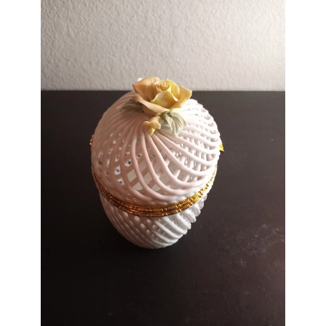 1970s Reticulated With Applied Floral Porcelain Trinket Box For Sale - Image 4 of 9