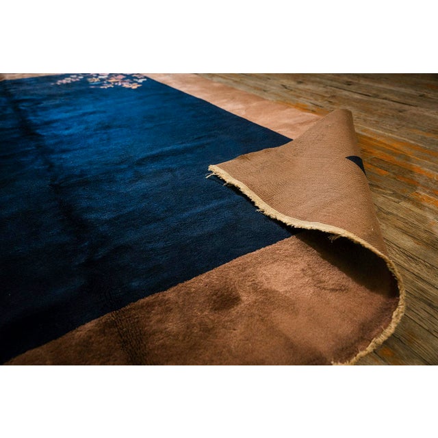 Textile 1920s Navy Open Field Floral Modern Knotted Wool Antique Chinese Art Deco Rug For Sale - Image 7 of 8