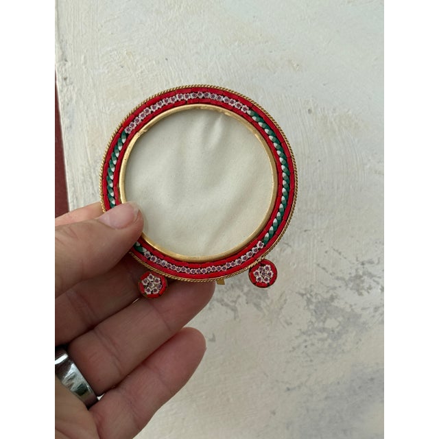 Vintage Italian Micro Mosaic Mini Picture Frame Millefiori Red Green Floral Mosaic Round Gold Tone Frame For Sale - Image 4 of 6