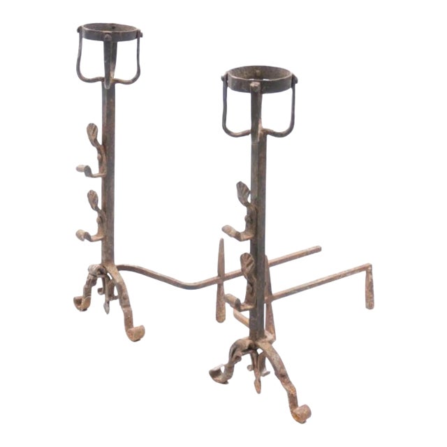 Large 19th Century French Wrought Iron Andirons - a Pair For Sale