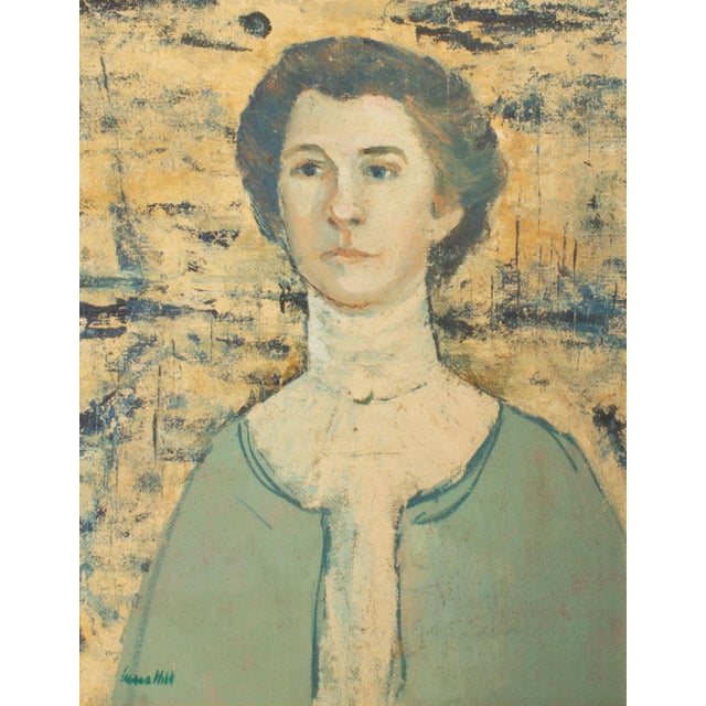 An oil on board painting by the artist Louis Hill. This piece features the portrait of a woman in a white and green dress...