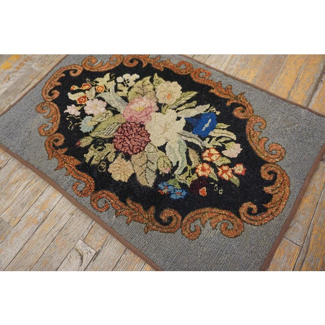Lovely Gray Color With Soft Color Bouquet of Flowers & Foliate Design Antique American Hooked Rug For Sale - Image 4 of 12