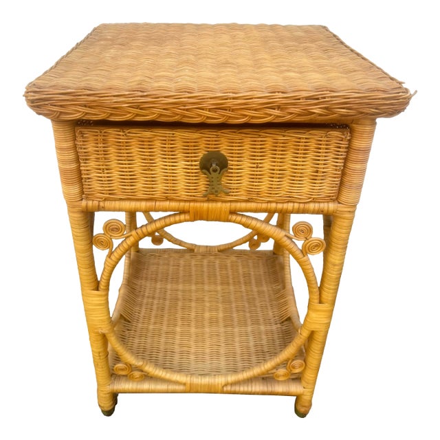 Vintage Wicker Side Table Nightstand With Drawer For Sale